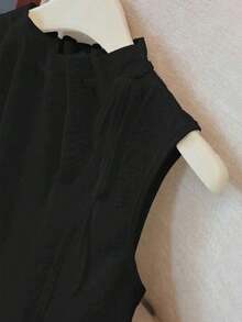 Blusa blanca elegante sin mangas, de cintura elástica y cuello suelto con cordón, de tejido texturizado, para mujer, para primavera/verano.Blusas y tops para mujer de cuello cerrado, blusas casuales y modernas para el verano - Negro - Ver 5