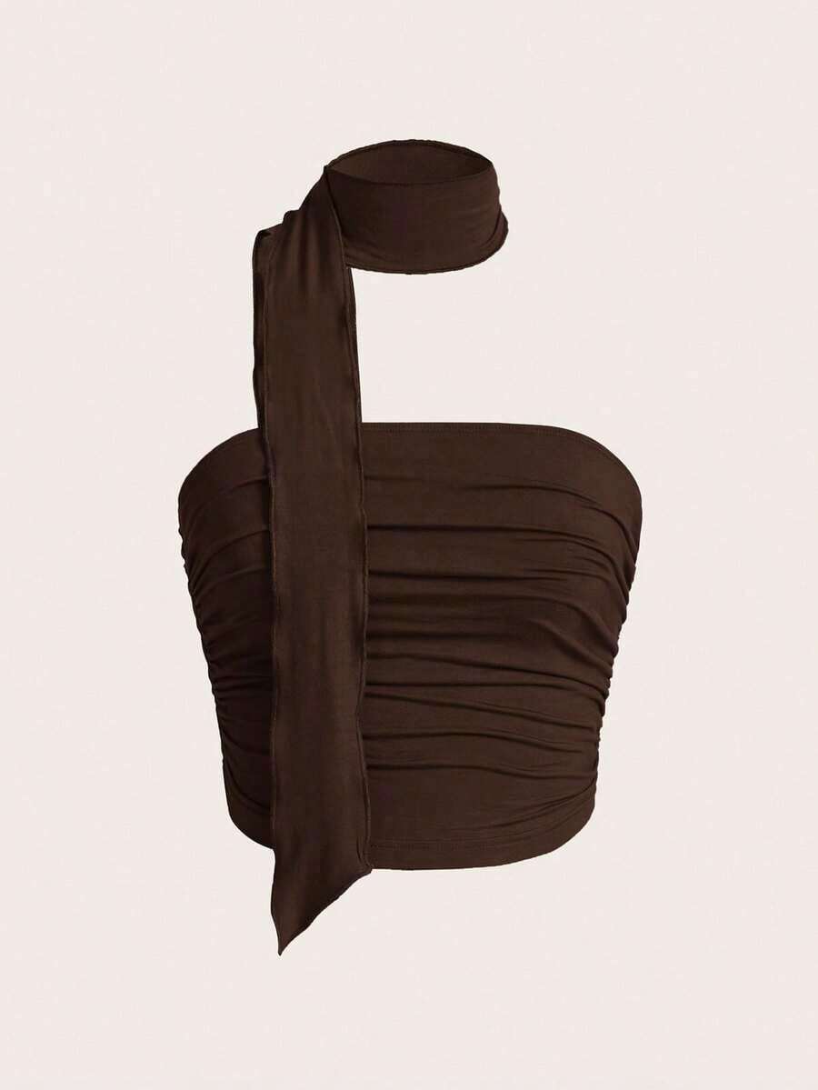 Parte superior de punto fruncida de unicolor + Gargantilla, Primavera/Verano, Parte superior elegante, Parte superior para salir, Playa, Campo, Parte superior casual, Elegante, Ropa de cumpleaños, Parte superior estilo bohemio, Parte superior f - Marrón Chocolate - Ver 1