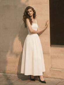 Vestido casual y elegante de mujer con cuello cuadrado sin mangas, a lunares en blanco y negro, silueta ajustada, adecuado para el trabajo o citas, falda larga en línea A, apropiado para verano y primavera, vestido elegante para fiestas, ropa exterior, vestido de vacaciones, vestido a lunares - Blanco - Ver 2
