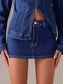 Minifalda de mezclilla ajustada de unicolor de moda de verano para mujer - Azul lavado oscuro - Ver 6