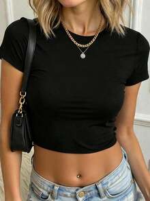 Camiseta de mujer de verano nueva, simple y casual, de corte ceñido y cuello redondo.Versátil y cómoda para el uso diario y las vacaciones. - Negro - Ver 8