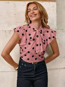 Blusa con lazo elegante para mujer, versátil para el trabajo y el uso casual, verano - Rosa - Ver 7