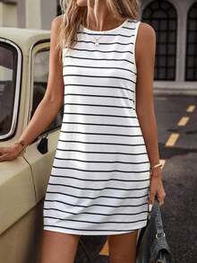 Vestido corto holgado de verano para mujer con estampado de bloques de color y rayas, ideal para vacaciones y uso diario - Blanco - Ver 6