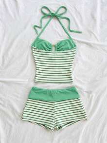 2 piezas Conjunto de camiseta de tirantes y pantalones cortos de punto a rayas con hebilla de metal, estilo casual de vacaciones, adecuado para fiesta, San Valentín, cita, discoteca, bohemio, vacaciones, otoño, ropa de mujer, vintage, días fest - Multicolor 7 - Ver 2