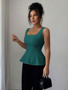 Blusa elegante de cuello cuadrado sin mangas para mujer, adecuada para la oficina, el transporte, el té de la tarde, las fiestas, las vacaciones y ocasiones casuales - Verde Oscuro - Ver 4