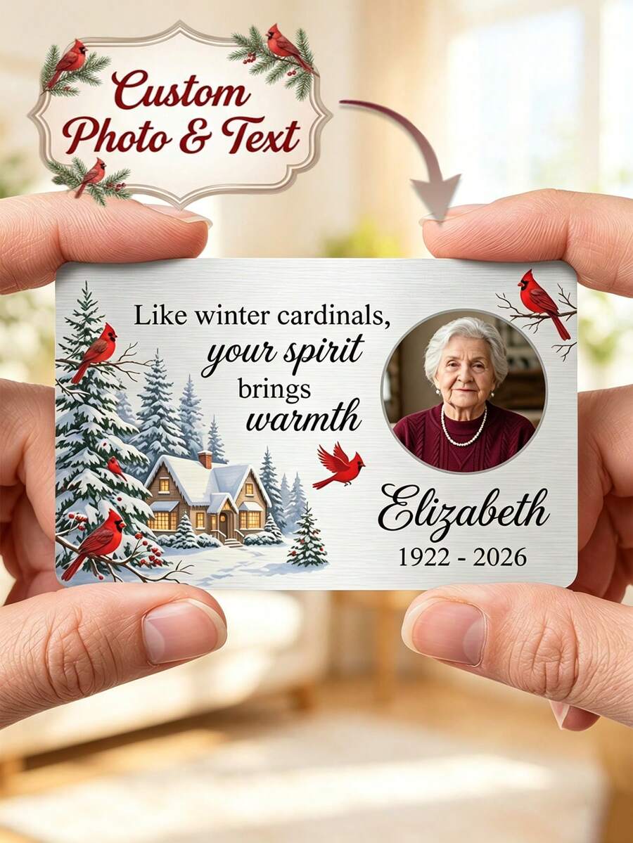 1PC Custom Memorial Aluminum Wallet Insert Card, Personalized Photo & Text Sympathy Keepsake, Custom Name & Date Memory Card, Winter Cardinal Snow Scene Design, Lightweight Aluminum, Slim Wallet-Sized, Scratch-Resistant - Silver - View 1