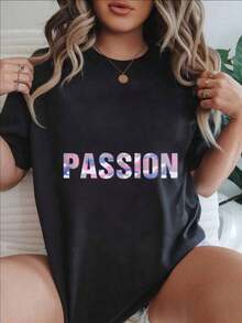 Camiseta Casual de Manga Corta para Mujer - Diseño Abstracto Colorido con Estampado "Passion", Cuello Redondo, Top de Verano, Lavable a Máquina, Camisetas para Damas, Ropa Casual, Estilo Moderno, Ajuste Cómodo  
 -Blanco - Negro - Ver 1
