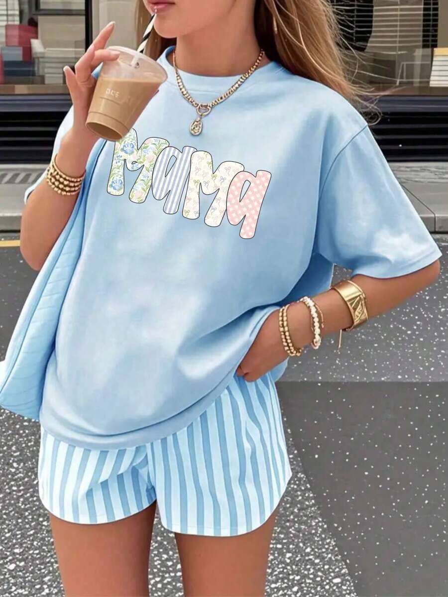 Camiseta oversize celeste de verano para mujer con estampado de langosta a cuadros Camiseta casual celeste de manga corta con langosta, estilo fresco y costero - YH498-Azul - Ver 1