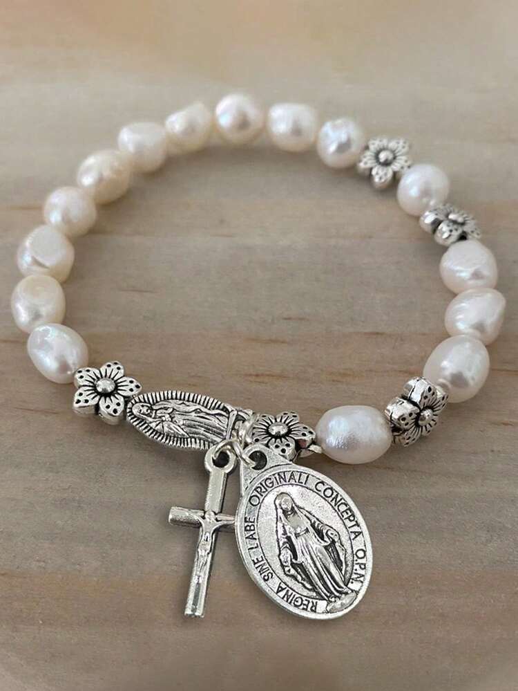 1pc Faux Pearl Beaded Cross & Virgin Mary Pendant Bracelet, Vintage Style, Suitable For Men And Women Daily Wear, Jewelry Gift - Multicolor - View 15