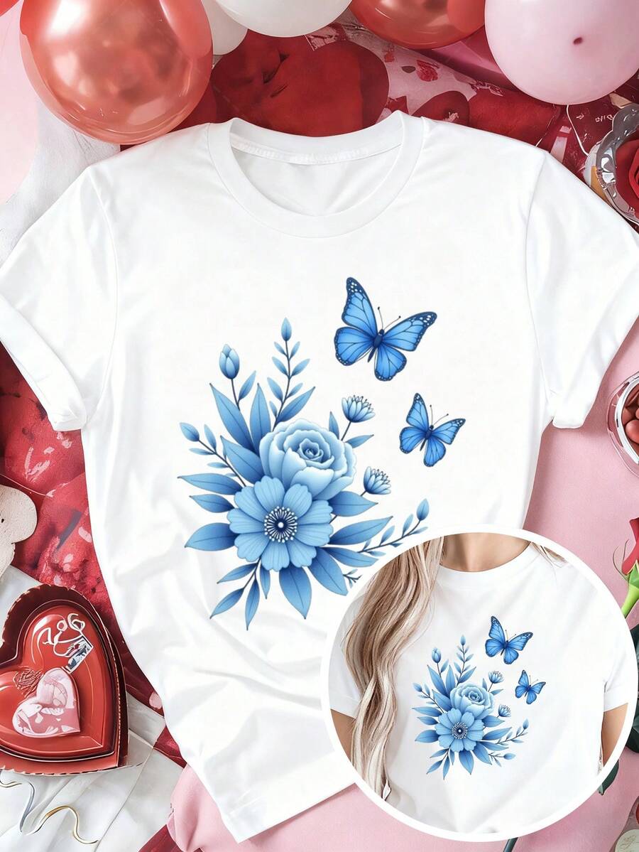 Classic Plus Size - Talla Grande - Camiseta roja, adecuada para mujeres de talla grande, con un diseño floral y de mariposas en azul, perfecta para un look romántico en el Día de San Valentín. Esta camiseta de manga corta y cuello redondo es una opción ideal para el verano y el otoño. Éxito de . - Blanco - Ver 1