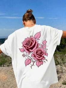 Conjunto de diez piezas de camisetas de primavera-verano para mujer, de talla grande, cuello redondo, hombros caídos, cómodas y holgadas, con estampado de gran tamaño -- Camiseta minimalista de algodón de manga corta para el día a día, transpirable y cómoda. - Blanco 2 - Ver 2