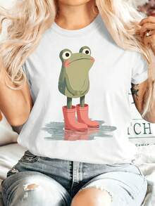[Summer Energy] Ropa de Verano para Mujer: Una camiseta de manga corta con cuello redondo que muestra una rana pequeña de pie en un charco con botas de lluvia rosas. Cómoda, suave, elegante, adecuada para fiestas, estilo vintage, casual, versátil. Adecuada para primavera, verano, otoño e invierno, top de estilo deportivo, 100% algodón. - Blanco - Ver 7