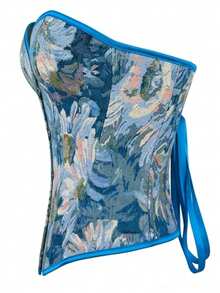 Top corto asimmetrico con stampa vintage per donna, adatto per Capodanno, San Valentino, vacanze, top a corsetto, abito di Pasqua, uscite - Blu - Visualizzare 2