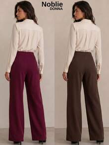 Set Of 2 Tailored Wide Leg High-Waisted Palazzo Pants, Elegant, With Front Button - 1 WINE 1 COFFEE - View 2