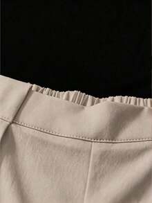 Conjunto de top plisado de hombro de color marrón sólido y elástico para uso casual y pantalones blancos de cintura elástica - Caqui - Ver 4