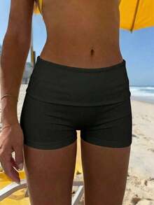 cortos de mujer Vaiaye de unicolor, ajuste delgado, cintura baja, mini shorts, estilo minimalista, adecuados para verano, playa bohemia, fiesta y uso diario - Negro - Ver 5