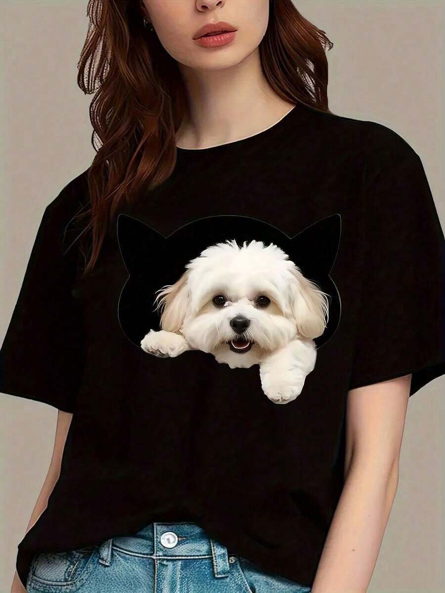 Camiseta de Verano para Mujer, Casual, con Estampado de Cabeza de Perro Cachorro - Blusa Cómoda, Regalo de Cumpleaños para Amantes de los Perros, Ropa Casual (Lavable a Máquina) - Moda - Negro - Ver 1