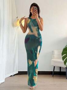 Vestido largo de mujer de vestido de escote con estampado de teñido anudado, vestido de verano largo, vestido largo verde maxi para outfit de mujer - Verde - Ver 4
