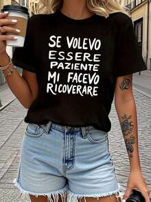 Camiseta con estampado de letras y expresión de paciencia italiana, manga corta y cuello redondo, top casual para verano y primavera, ropa de mujer - Negro - Ver 6