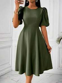 Vestido verde de manga abullonada larga, cuello en V, cintura recogida y bajo acampanado, para primavera y verano - Verde militar - Ver 1