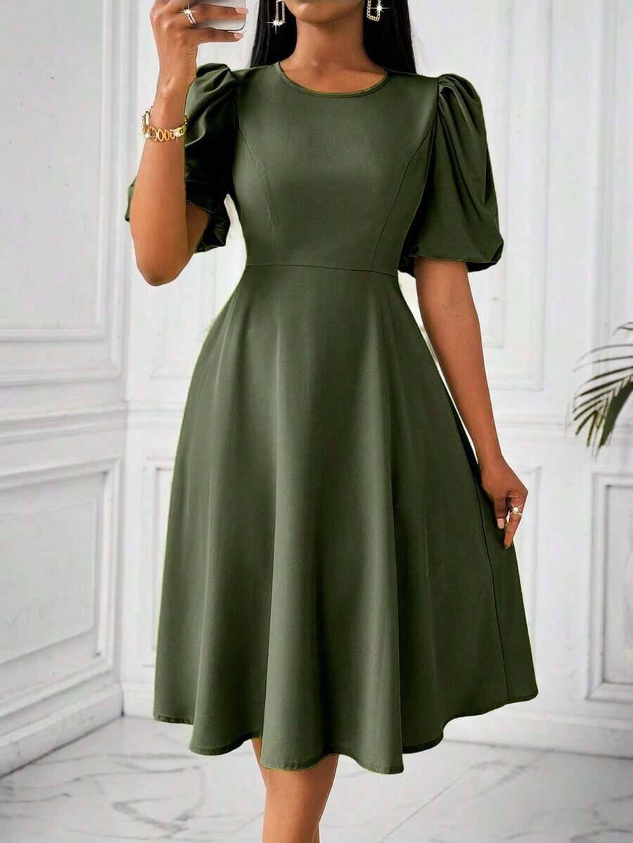 Vestido verde de manga abullonada larga, cuello en V, cintura recogida y bajo acampanado, para primavera y verano - Verde militar - Ver 1