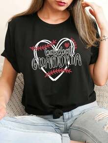 Playera minimalista moderna 1 pieza, camisetas gráficas para mujer, regalo de San Valentín, tops de verano con estampado gráfico, camiseta casual de béisbol con estampado de letras para mujer - cuello redondo, manga corta, top de moda primavera/verano, nueva camiseta elegante - 100% algodón, ligera, transpirable, estilo casual, cuello redondo, manga corta, camiseta para uso diario. - Negro - Ver 6