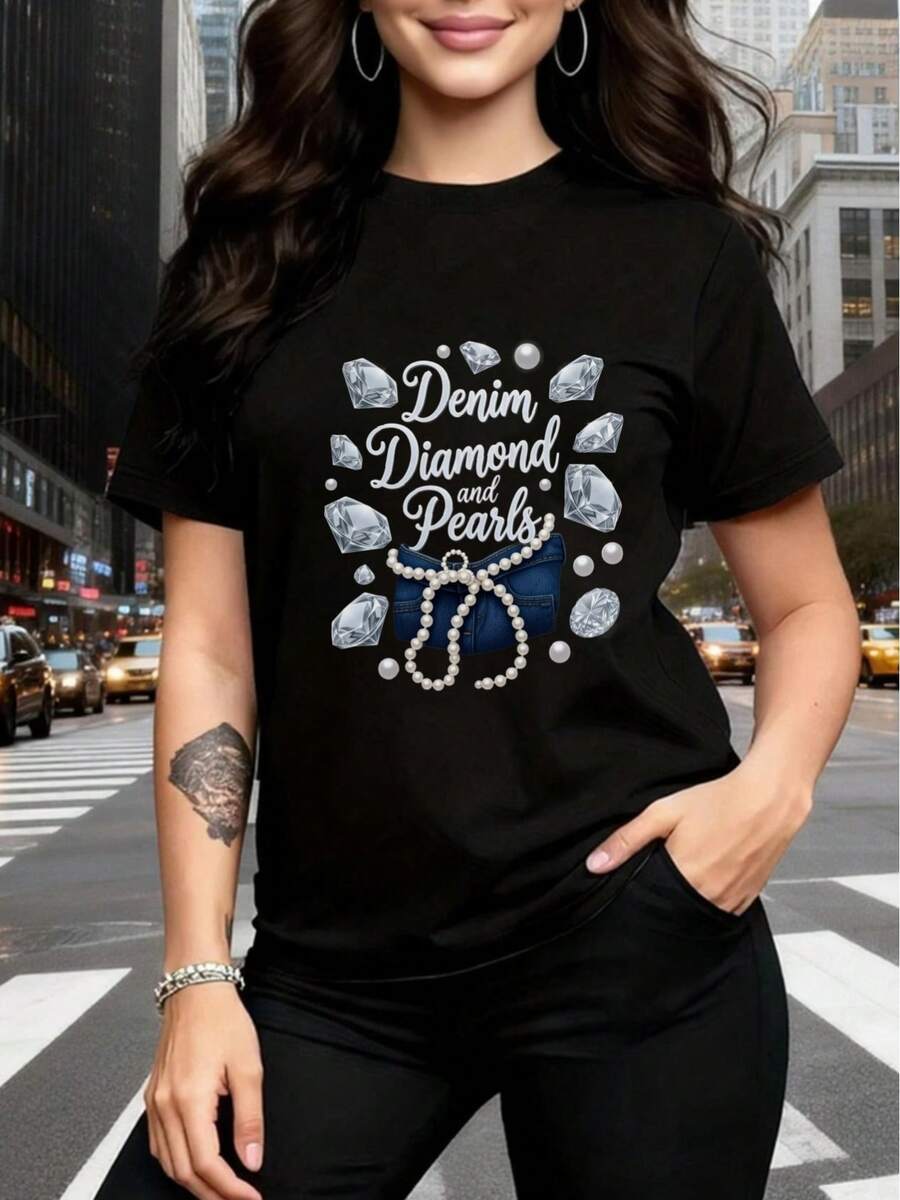 Premium Unisex T-Shirt With Y2K Print, Simple And Elegant Diamond And Pearl Design On Denim Fabric, Loose Short Sleeves, Casual Unisex Cut, Urban Style, Ideal For Spring, Crew Neck, Machine Washable, Suitable For Easter, Mother's Day, Cute. New Arrival - 黑色 - 查看 1