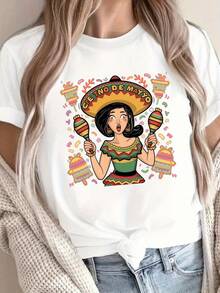 PremiumCamiseta estampada con cuello redondo, top casual de manga corta para primavera/verano, ropa femenina linda.Nueva llegada - Blanco - Ver 6