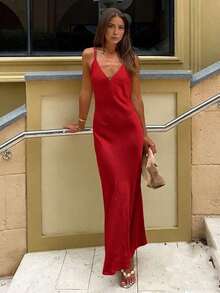 2026 Nuevo vestido de satén sexy con tirantes finos y escote en V profundo, vestido elegante y brillante para fiestas, citas, verano, San Valentín, fiestas, playa, vacaciones, estilo Y2K, Pascua, Día de San Patricio, graduación, baile de graduación, vestido de noche de lujo, vestido formal para mujer - Beis - Ver 4