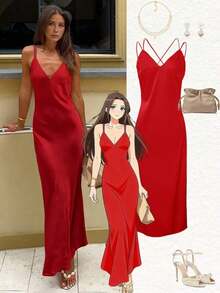 2026 Nuevo vestido de satén sexy con tirantes finos y escote en V profundo, vestido elegante y brillante para fiestas, citas, verano, San Valentín, fiestas, playa, vacaciones, estilo Y2K, Pascua, Día de San Patricio, graduación, baile de graduación, vestido de noche de lujo, vestido formal para mujer - Beis - Ver 12