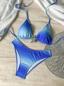 Conjunto de bikini de 2 piezas con tirantes finos, cuello halter, base negra, lunares blancos y estampado aleatorio dulce y lindo con corte alto en los laterales para mujer, primavera/verano 2026 - Multicolor 4 - Ver 2