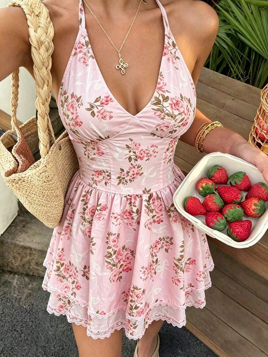 Women's Spaghetti Strap V-Neck Ditsy Floral Mini Dress, Sweet & Sexy Lace Ruffle Waist A-Line Dress Suitable For Beach, Date, Party In Summer - Pink - View 1