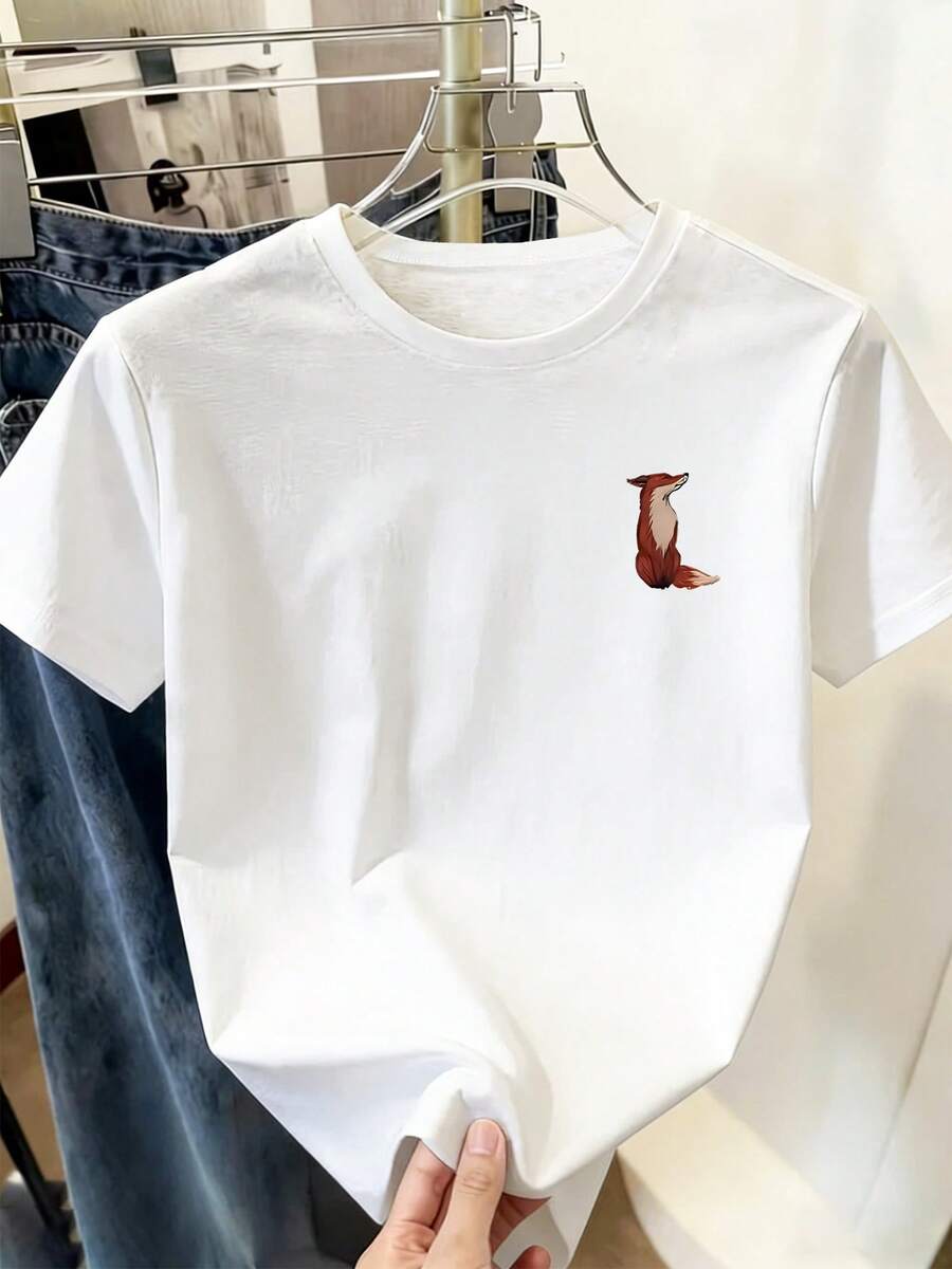 Women's T-Shirt With Fox Print On The Chest, Casual Short-Sleeved T-Shirt With Round Neck, A Modern And Comfortable Garment, The Perfect Choice. - 白色 - 查看 1
