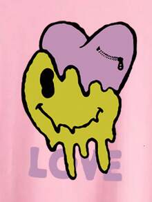 Off-The-Shoulder T-Shirt With Letter And Cartoon Print - Pink - View 3
