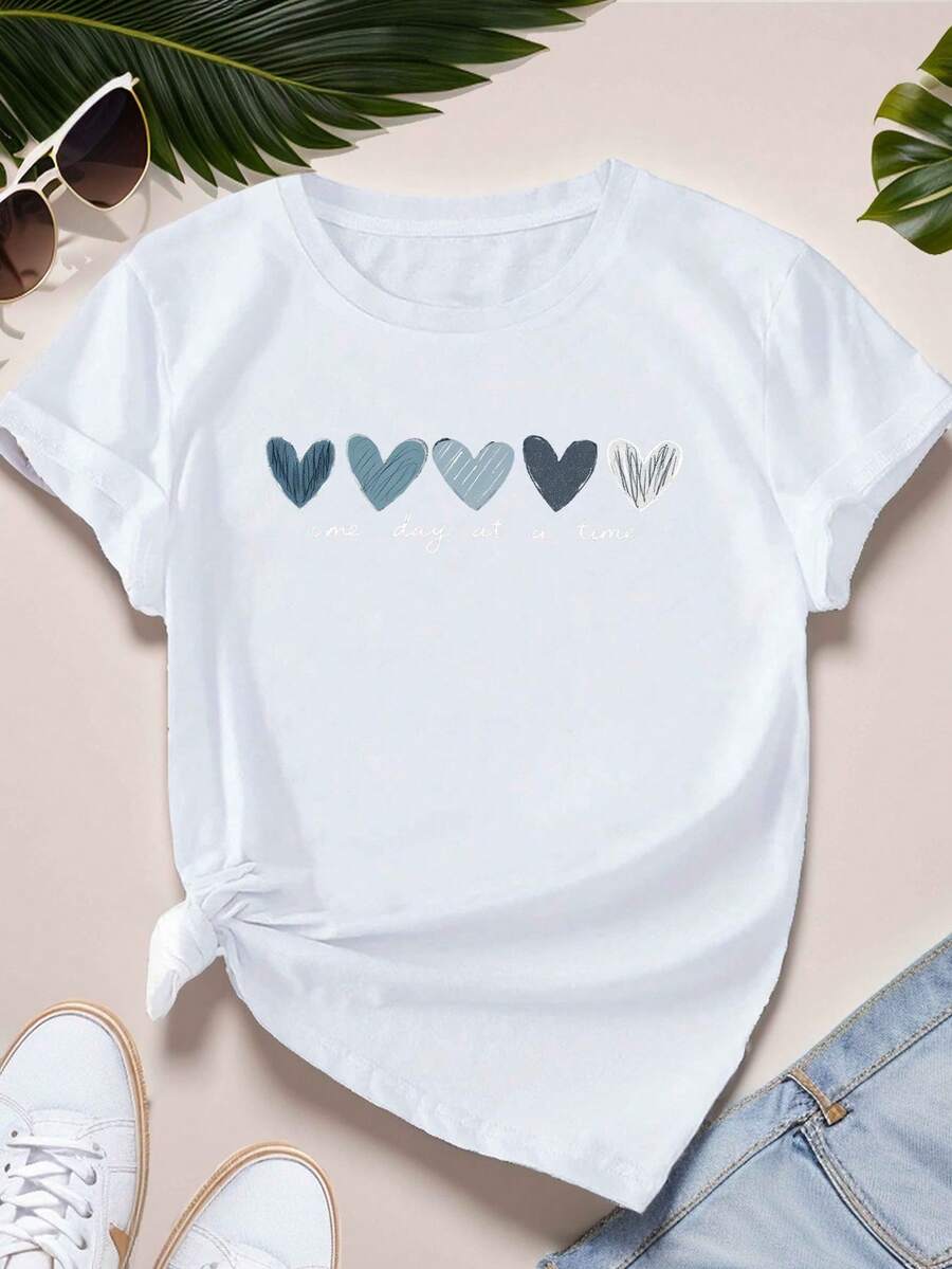 Plus Size Women's Classic Loose Fit Printed T-Shirt, Casual Knit T-Shirt, Crew Neck, Short Sleeve, Slightly Stretchy, With Six Hand-Drawn Hearts, Geometric Pattern For All Seasons, 100% Cotton. Summer T-Shirt. - 白色 - 查看 1