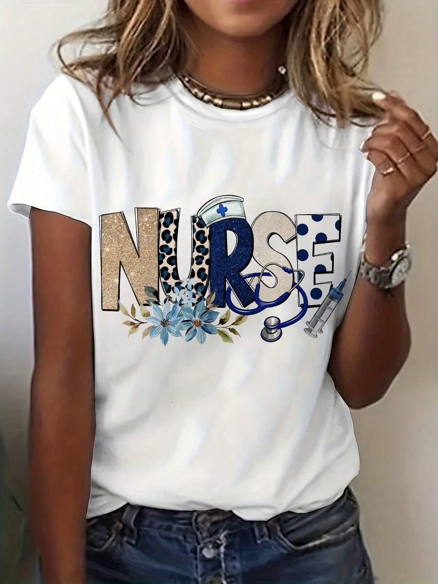 Camiseta para enfermeras con estampado floral y gráfico, cuello redondo y mangas cortas, detalles de leopardo, cómoda y transpirable para el verano, regalo para profesionales de enfermería, tela no transparente, lavable a máquina
