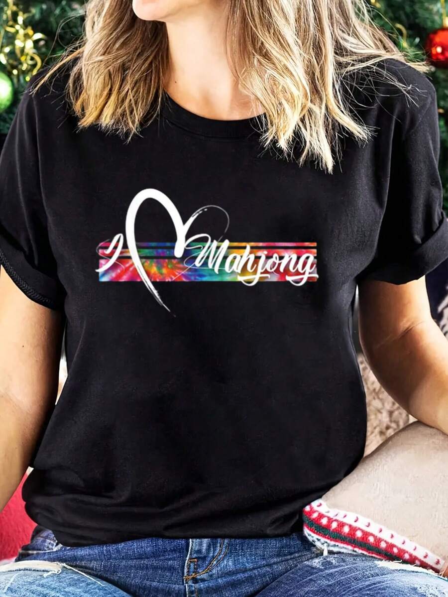 Camiseta de Manga Corta Casual para Mujer con Gráfico de Corazones Coloridos de Mahjong - Transpirable y Lavable a Máquinarrimavera Verano