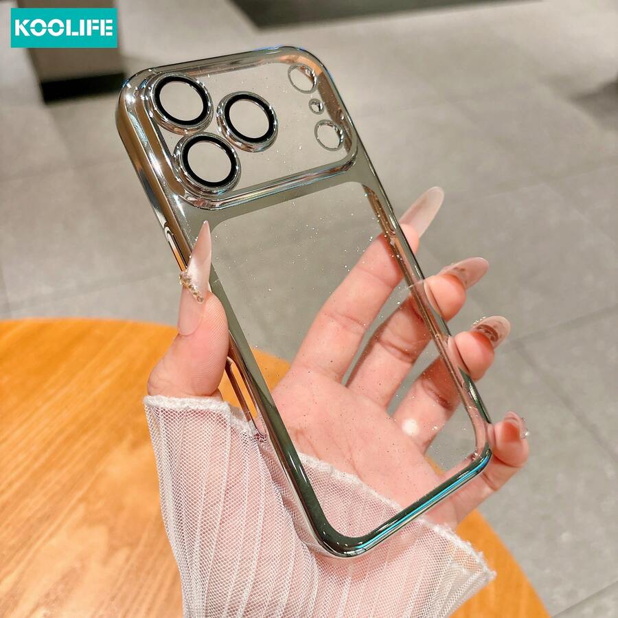 Koolife 1件裝銀色電鍍亮片透明PC手機殼，透明亮面防震保護殼附鏡頭保護蓋，適用於 18 Pro/18 Pro Max/17/17 Pro/17 Pro Max