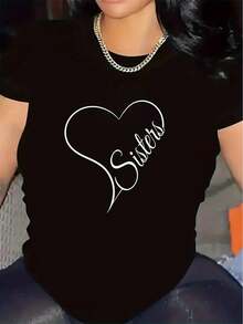 This Women's Pure Cotton T-Shirt, A Black And White Combination T-Shirt Designed For Home And Living Room, Features A Durable And Comfortable Fit With A Stylish Heart Print, Making It A Perfect Gift For Family Gatherings And Everyday Casual Wear. It Has A Round Neck And Is Made Of Slightly Stretchy Fabric. - 黑色 - 查看 1