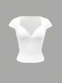 Camiseta sin mangas de ajuste ceñido con cuello en forma de corazón y parches de encaje de unicolor para mujer - Blanco 2 - Ver 8