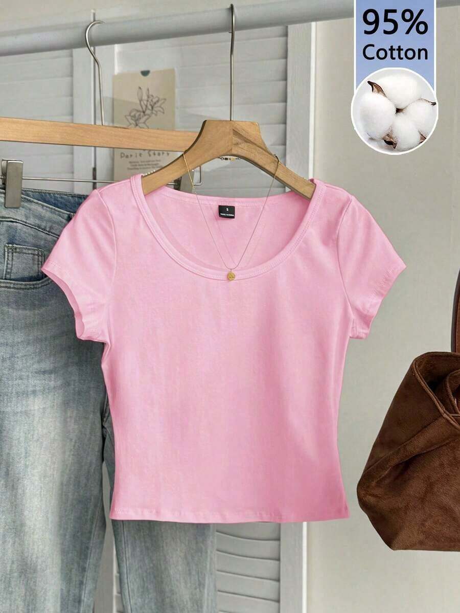 Camiseta ajustada de mujer de cuello de pico, manga raglán, color azul claro, estilo minimalista casual, 95% algodón - Rosa - Ver 1
