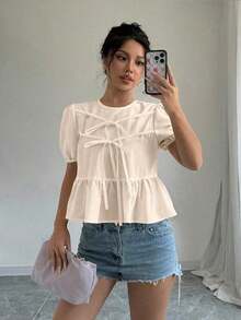 Blusa con volantes y mangas abullonadas con lazo en la parte delantera - Beis - Ver 4