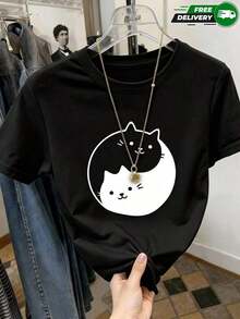 100% cotton Camiseta de manga corta para mujer con estampado de gatos yin-yang, cuello redondo, de poliéster, para uso diario, salidas casuales, fin de semana, estilo casual y kawaii, para primavera y verano. Envío gratis en México. - Negro - Ver 7