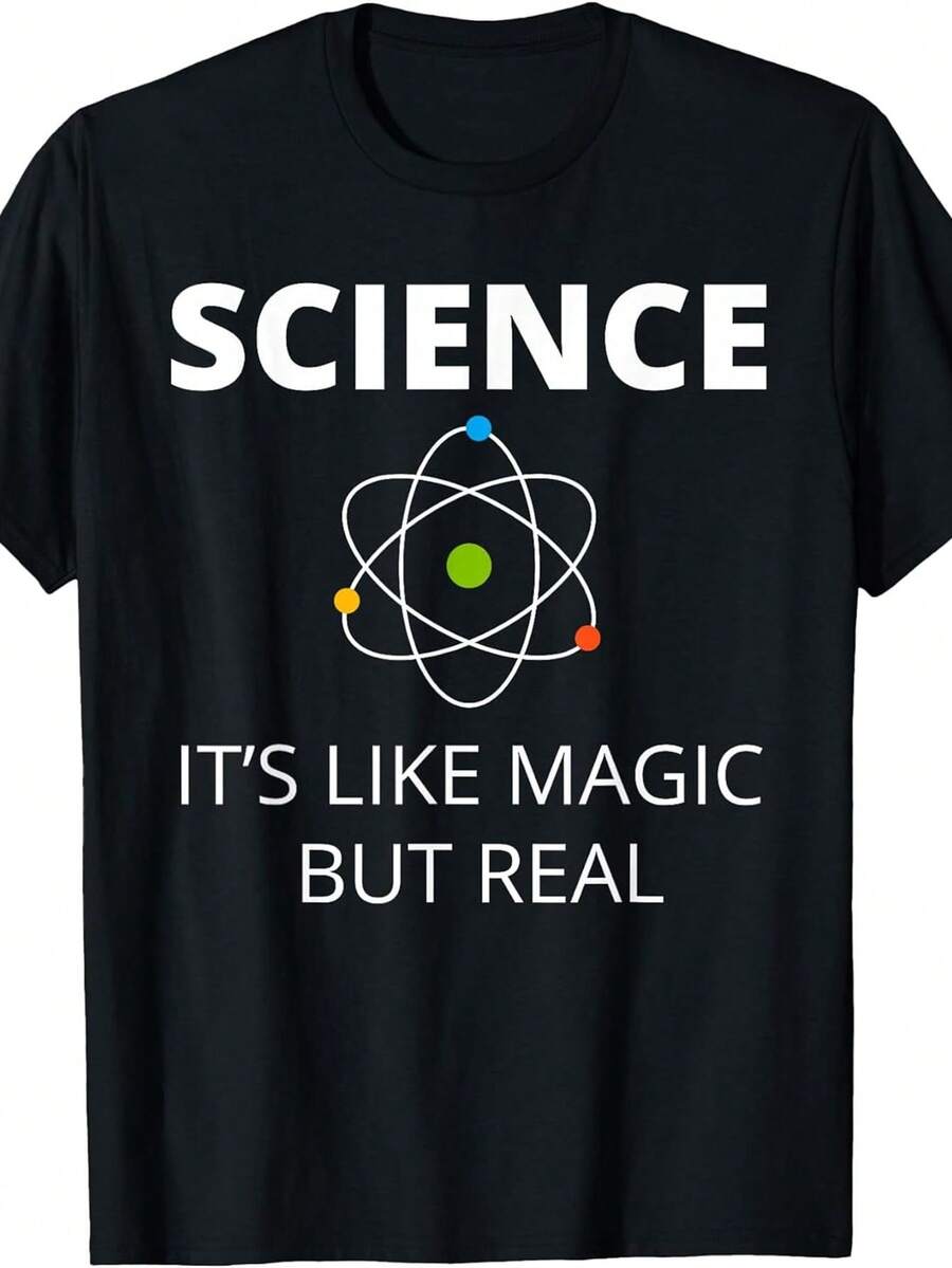 Talla Grande - Talla Grande - 1 Camiseta de Mujer Talla Grande para Amantes de la Ciencia | Ciencia es como Magia, pero Real, Lema Casual, Cuello Redondo, Manga Corta, Estilo Bata de Laboratorio, Camiseta Negra Lavable a Máquina de 180g para Eventos STEM y Ropa Casual, Cuello Redondo