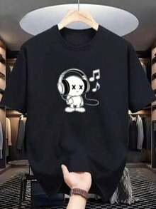 New Short-Sleeved T-Shirt, High-Quality Crew Neck T-Shirt, Loose Fit, Casual And Versatile Print. Suitable For Vacations, Walks, Travel, And As Everyday Underwear For Work, Studies, Students, Young People, And Couples. - 黑色 - 查看 1