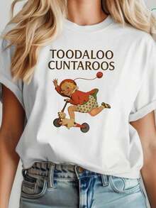 Comfortable Women's Short-Sleeved T-Shirt Featuring A Fun Cartoon Character Driving A Small Vehicle With The Text 'TOODALOO CUNTAROOS'. This Crew Neck T-Shirt Is Perfect For Casual Wear In Spring And Summer, Combining Prints With Comfort. A Loose-Fitting And Versatile 100% Cotton Short-Sleeved T-Shirt For Women. - 白色 - 查看 8