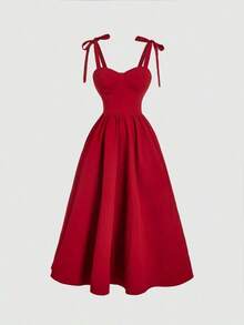Vestido de verano de mujer con tirantes anudados y estampado floral romántico - Rojo - Ver 2