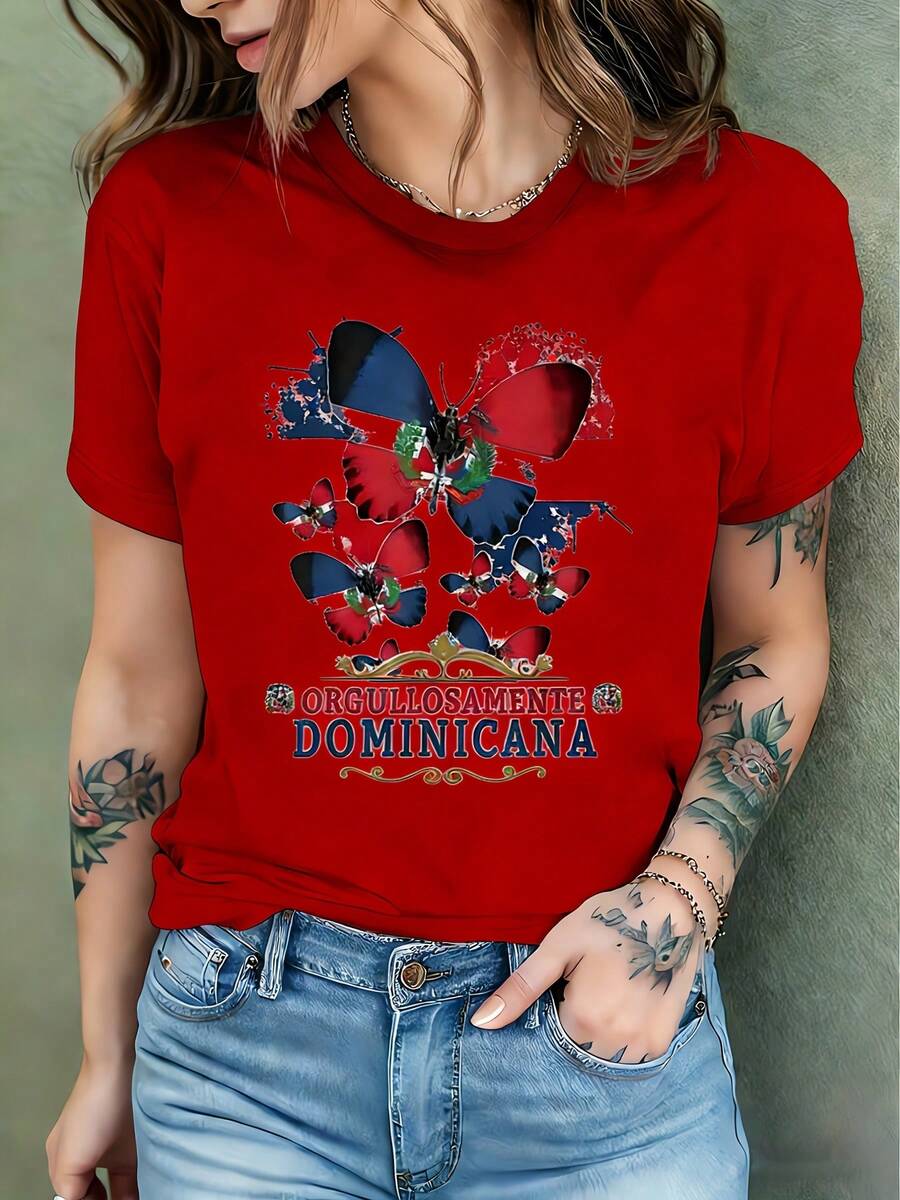 Women's Short Sleeve T-Shirt With Butterfly Print, A Patriotic Memorial Gift, A Birthday Gift - Spring/Summer Casual - Women's T-Shirt - [紅色的] - 查看 1