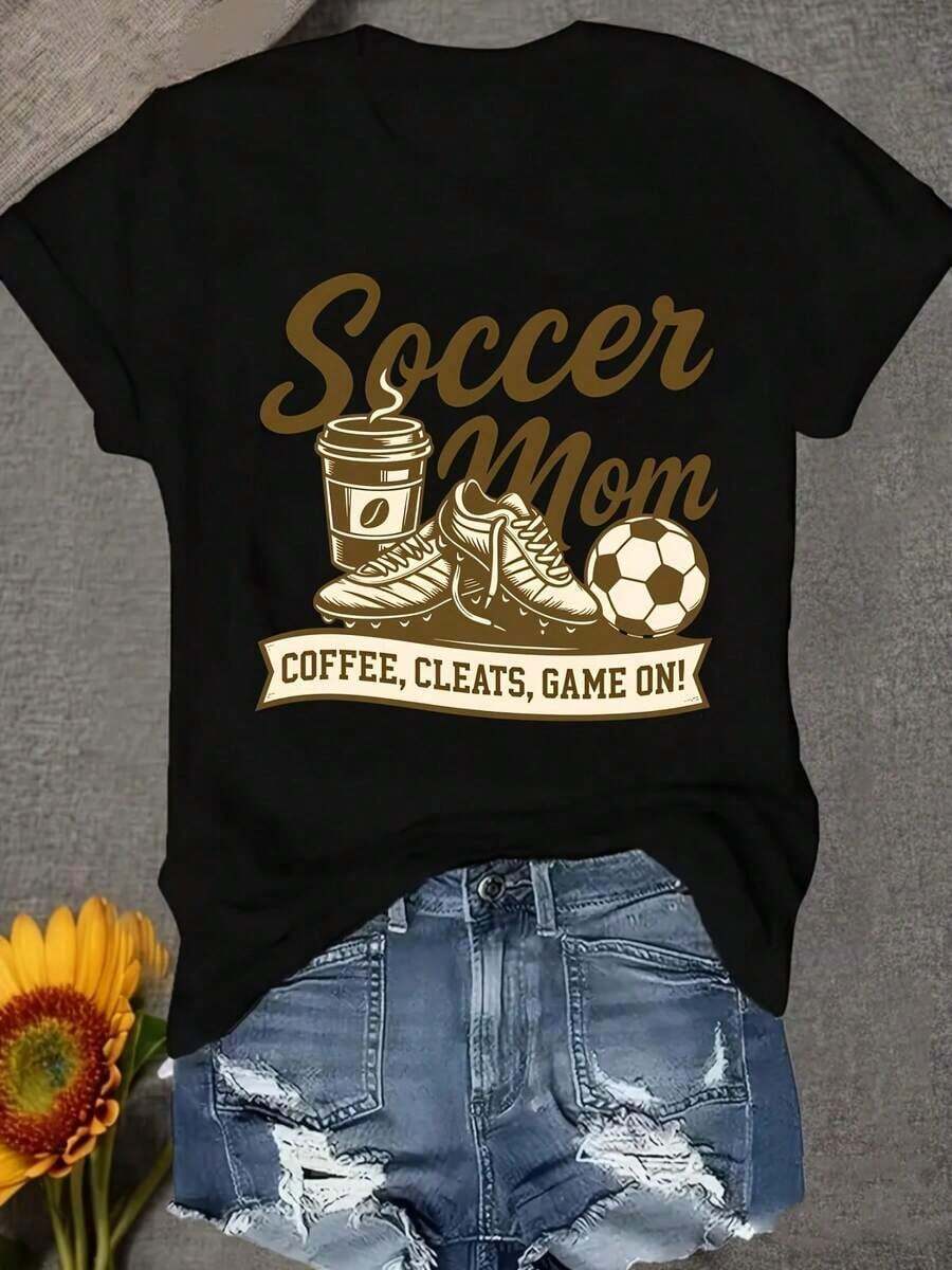 Women's Clothing Soccer Mom Coffee Cleats Game On Round-Neck Pullover Comfortable And Soft Women's T-Shirt Women's Shirts - 黑色 - 查看 1
