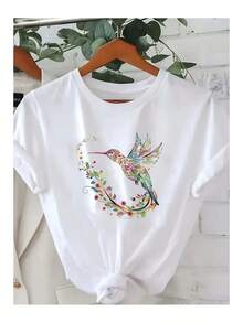 Women's T-Shirt With Special Parrot Design, Loose And Comfortable - White - View 6
